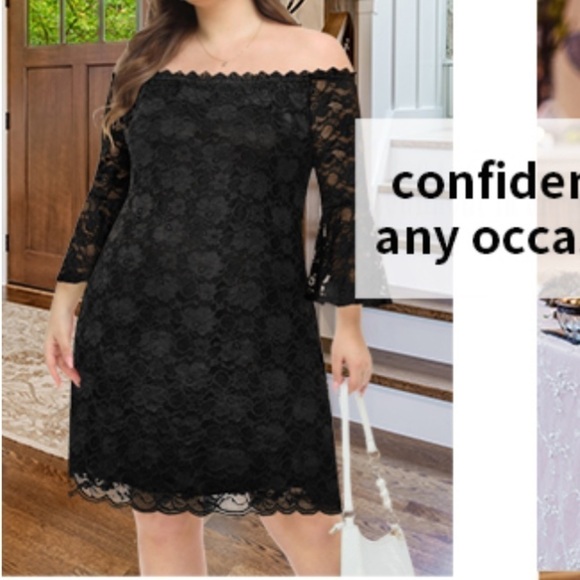 NWT Pinup 24W Off The Shoulder Lace Cocktail Short Dress Bell Sleeve Black - Picture 2 of 15